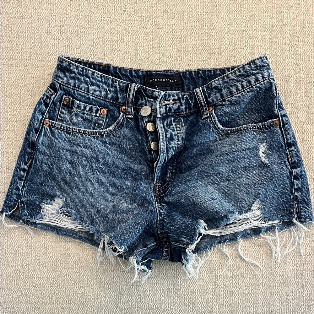 Aeropostale Dark Blue Distressed Denim Button-Front Shorts